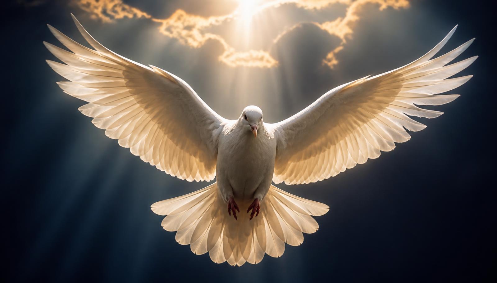 A white dove with wings spread in flight, lit by golden light from above